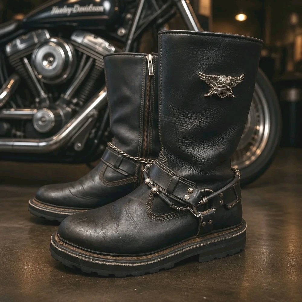 Harley Davidson Stratus 95143 Mens Sz 9.5 Black Harness Biker Boots Motorcycle